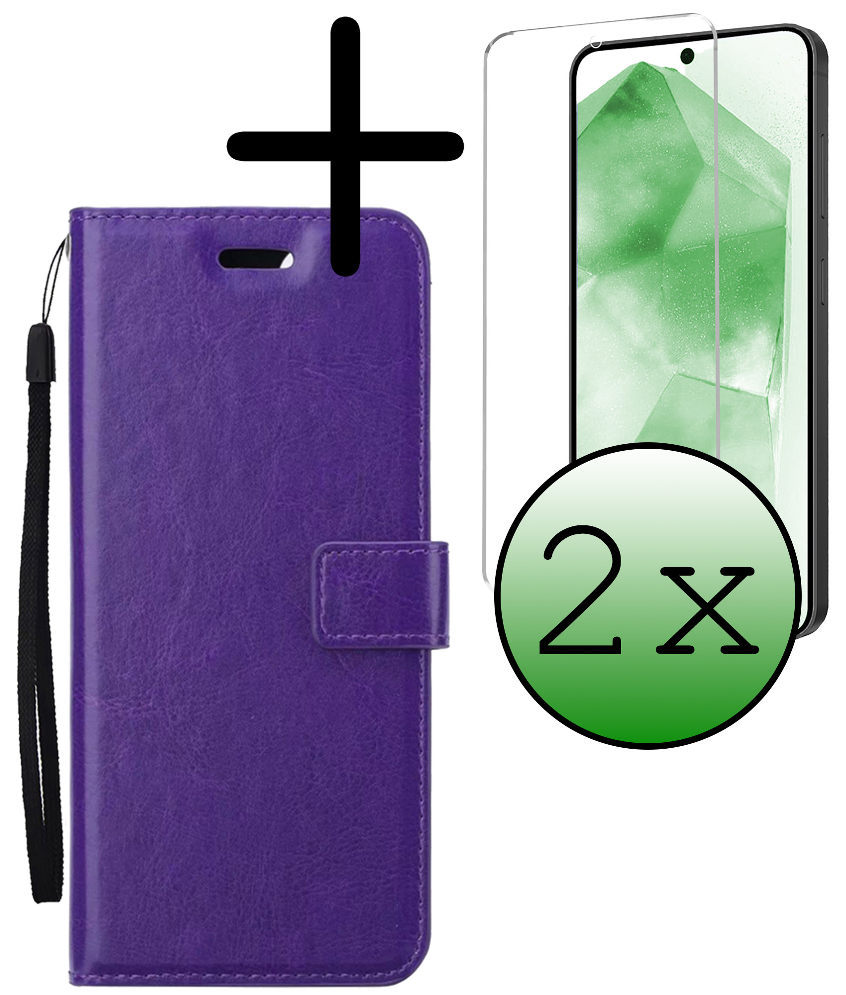 BASEY. Hoes Geschikt voor Samsung A55 Hoesje Bookcase Hoes Flip Case Book Cover Met 2x Screenprotector - Hoesje Geschikt voor Samsung Galaxy A55 Hoes Book Case Hoesje - Paars