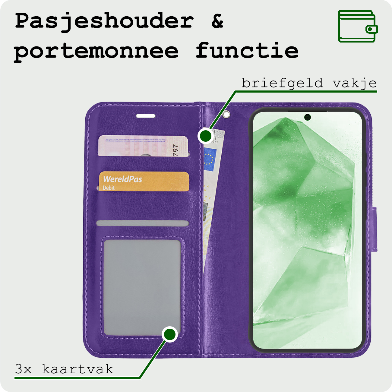 BASEY. Hoes Geschikt voor Samsung A55 Hoesje Bookcase Hoes Flip Case Book Cover Met 2x Screenprotector - Hoesje Geschikt voor Samsung Galaxy A55 Hoes Book Case Hoesje - Paars