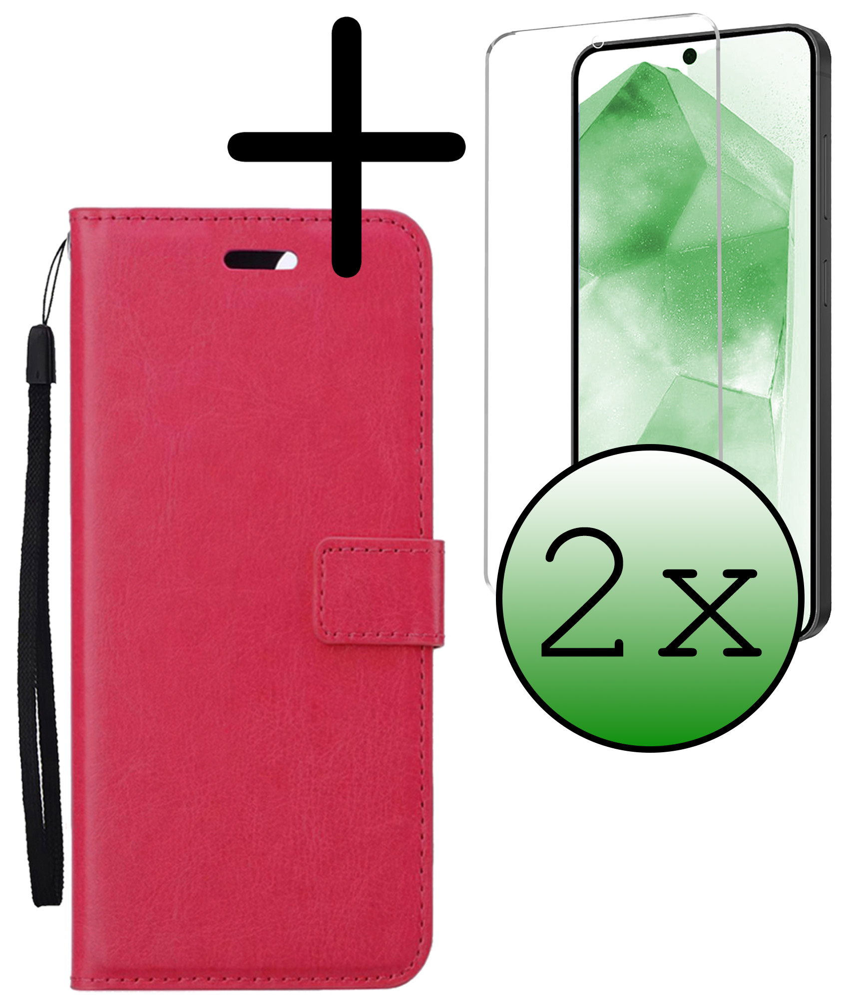 BASEY. Hoes Geschikt voor Samsung A55 Hoesje Bookcase Hoes Flip Case Book Cover Met 2x Screenprotector - Hoesje Geschikt voor Samsung Galaxy A55 Hoes Book Case Hoesje - Donkerroze