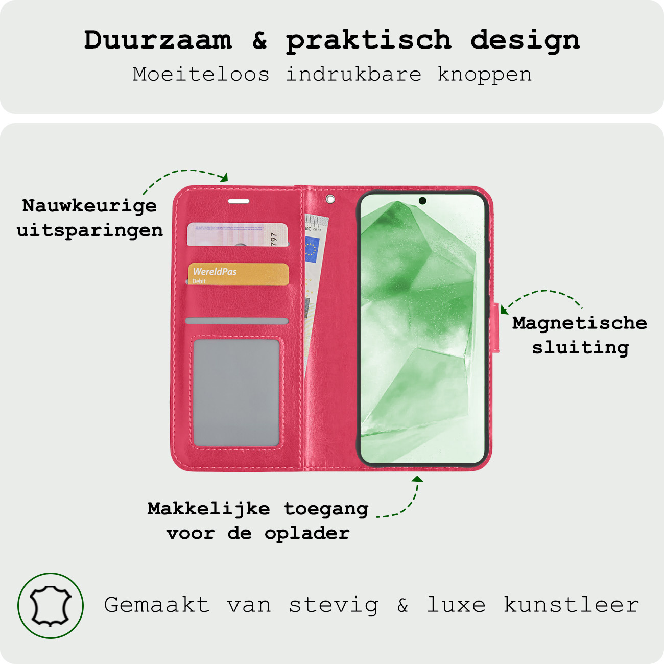 BASEY. Hoes Geschikt voor Samsung A55 Hoesje Bookcase Hoes Flip Case Book Cover Met 2x Screenprotector - Hoesje Geschikt voor Samsung Galaxy A55 Hoes Book Case Hoesje - Donkerroze