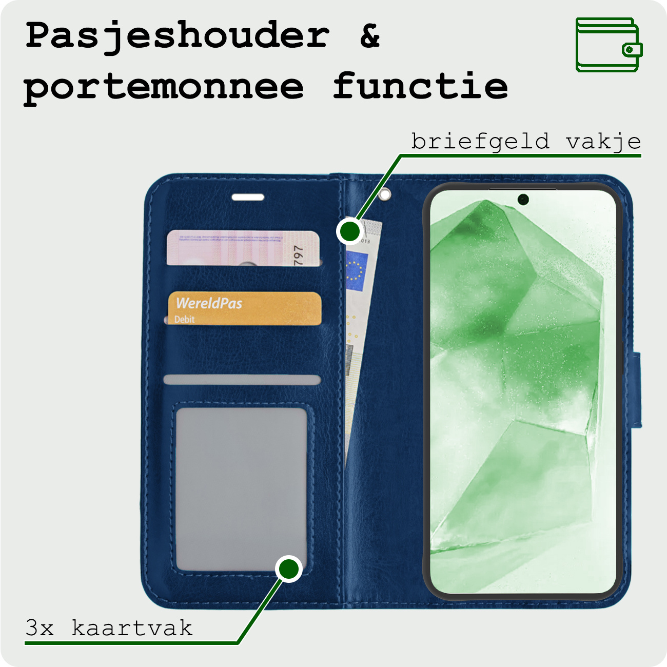 BASEY. Hoes Geschikt voor Samsung A55 Hoesje Bookcase Hoes Flip Case Book Cover Met 2x Screenprotector - Hoesje Geschikt voor Samsung Galaxy A55 Hoes Book Case Hoesje - Donkerblauw