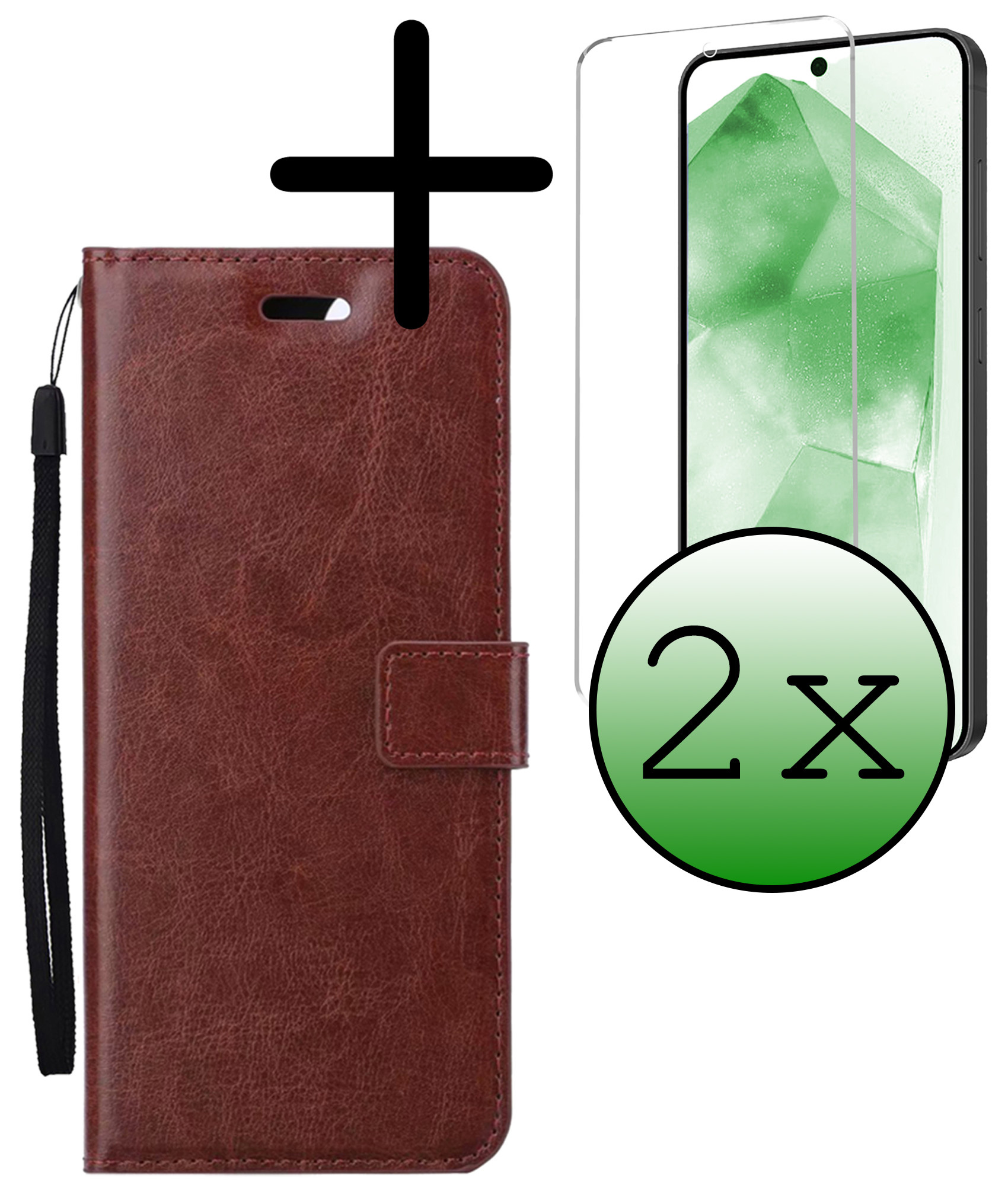 BASEY. Hoes Geschikt voor Samsung A55 Hoesje Bookcase Hoes Flip Case Book Cover Met 2x Screenprotector - Hoesje Geschikt voor Samsung Galaxy A55 Hoes Book Case Hoesje - Bruin