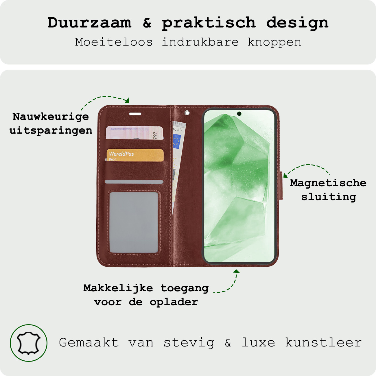 BASEY. Hoes Geschikt voor Samsung A55 Hoesje Bookcase Hoes Flip Case Book Cover Met 2x Screenprotector - Hoesje Geschikt voor Samsung Galaxy A55 Hoes Book Case Hoesje - Bruin