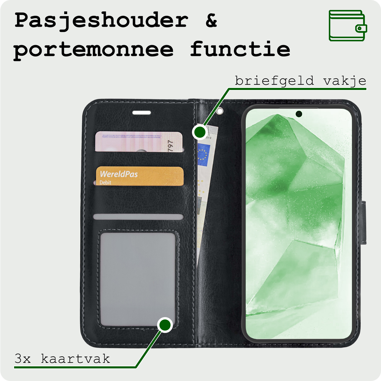 BASEY. Hoes Geschikt voor Samsung A55 Hoesje Bookcase Hoes Flip Case Book Cover Met Screenprotector - Hoesje Geschikt voor Samsung Galaxy A55 Hoes Book Case Hoesje - Zwart