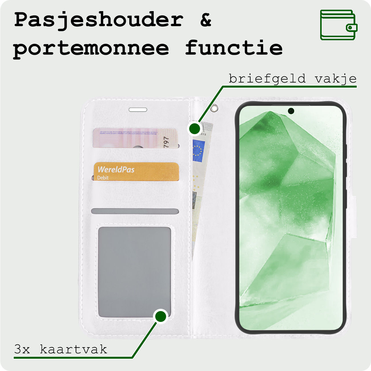 BASEY. Hoes Geschikt voor Samsung A55 Hoesje Bookcase Hoes Flip Case Book Cover Met Screenprotector - Hoesje Geschikt voor Samsung Galaxy A55 Hoes Book Case Hoesje - Wit