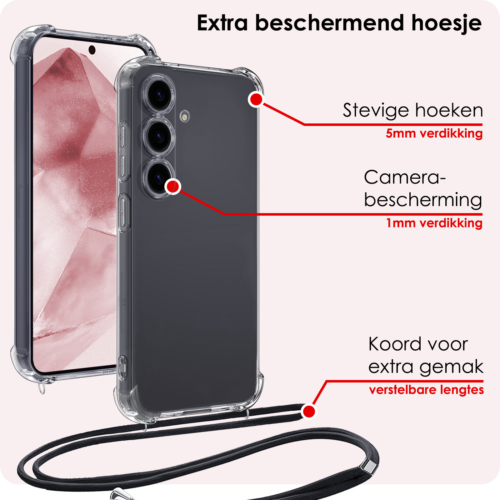 NoXx Hoes Geschikt voor Samsung A55 Hoesje Transparant Met Telefoonkoord Cover Shock Proof Case Koord Hoes