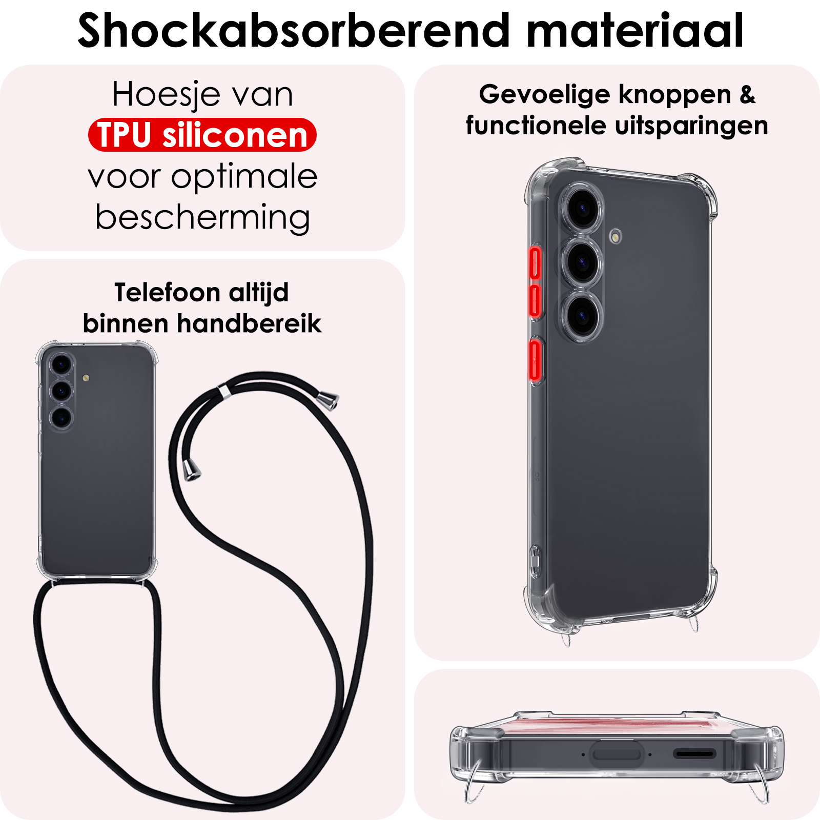 NoXx Hoes Geschikt voor Samsung A55 Hoesje Transparant Met Telefoonkoord Cover Shock Proof Case Koord Hoes