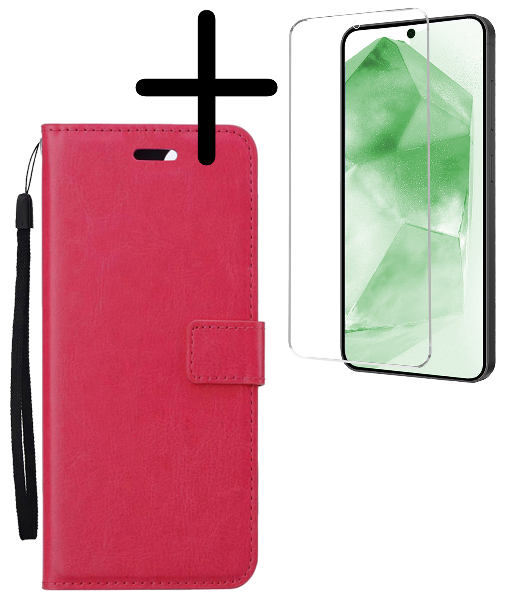 BASEY. Hoes Geschikt voor Samsung A55 Hoesje Bookcase Hoes Flip Case Book Cover Met Screenprotector - Hoesje Geschikt voor Samsung Galaxy A55 Hoes Book Case Hoesje - Donkerroze