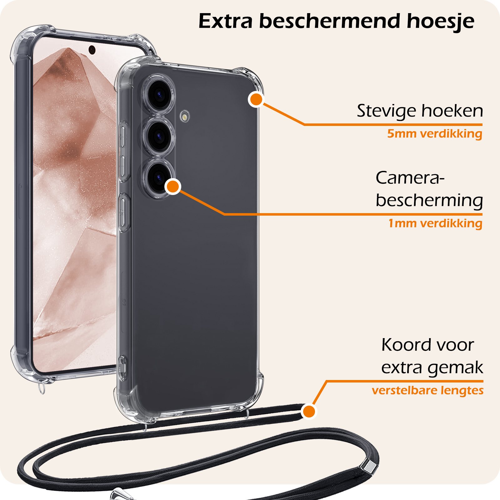 Nomfy Hoesje Geschikt voor Samsung A55 Hoesje Shock Proof Transparant Met Telefoonketting Case Shock Koord - Hoesje Geschikt voor Samsung Galaxy A55 Shock Proof Case Met Koord - Transparant