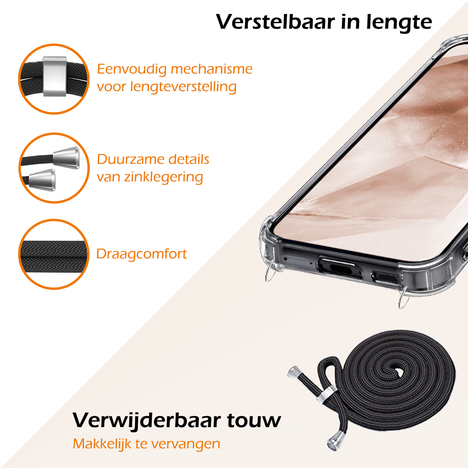 Nomfy Hoesje Geschikt voor Samsung A55 Hoesje Shock Proof Transparant Met Telefoonketting Case Shock Koord - Hoesje Geschikt voor Samsung Galaxy A55 Shock Proof Case Met Koord - Transparant