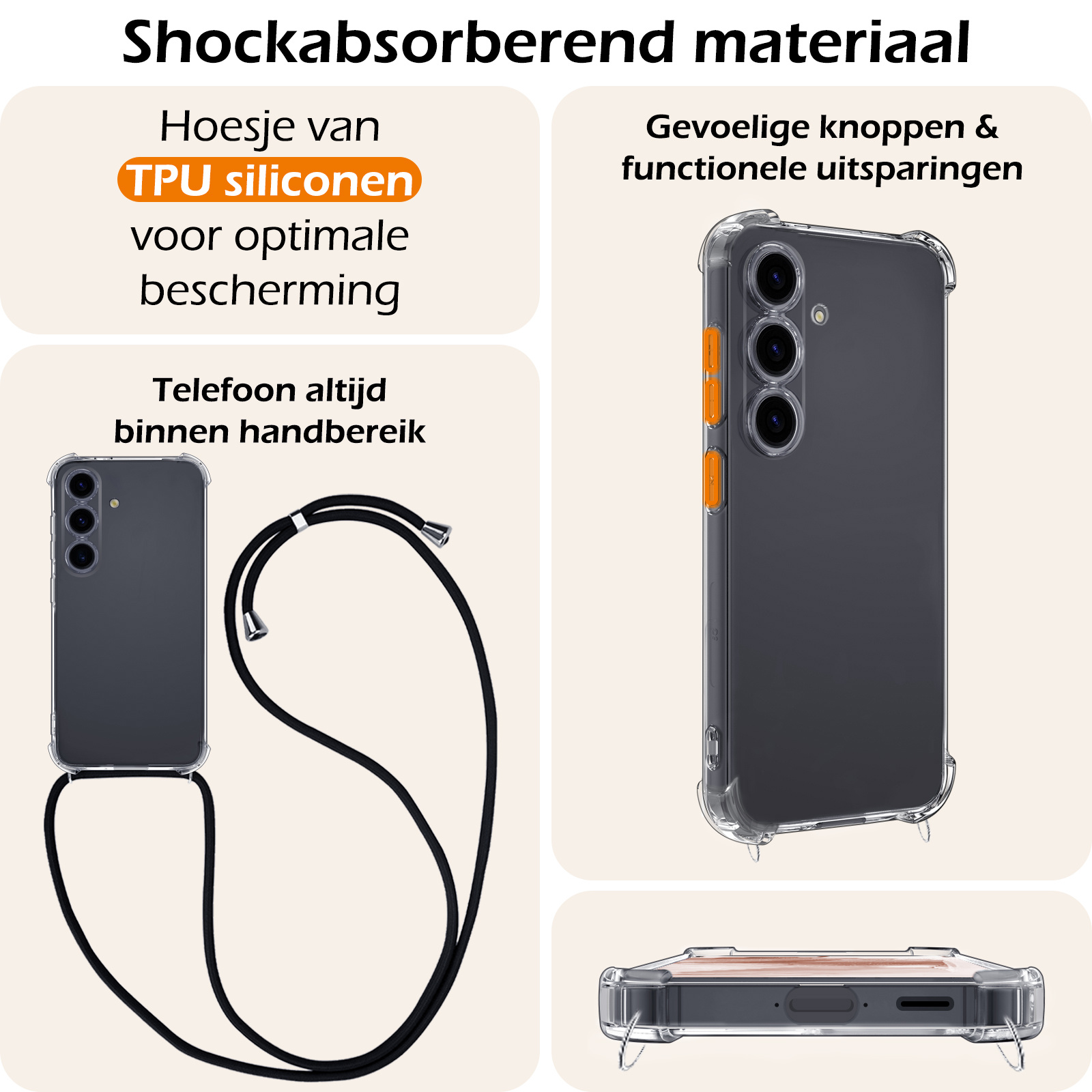 Nomfy Hoesje Geschikt voor Samsung A55 Hoesje Shock Proof Transparant Met Telefoonketting Case Shock Koord - Hoesje Geschikt voor Samsung Galaxy A55 Shock Proof Case Met Koord - Transparant