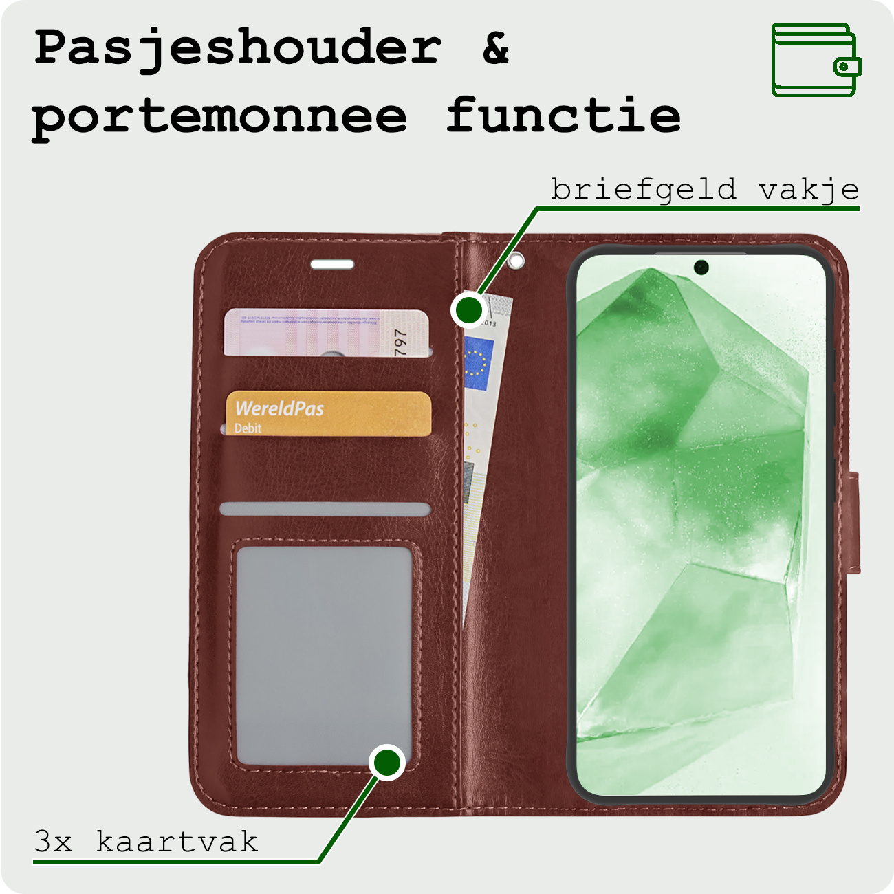 BASEY. Hoes Geschikt voor Samsung A55 Hoesje Bookcase Hoes Flip Case Book Cover Met Screenprotector - Hoesje Geschikt voor Samsung Galaxy A55 Hoes Book Case Hoesje - Bruin