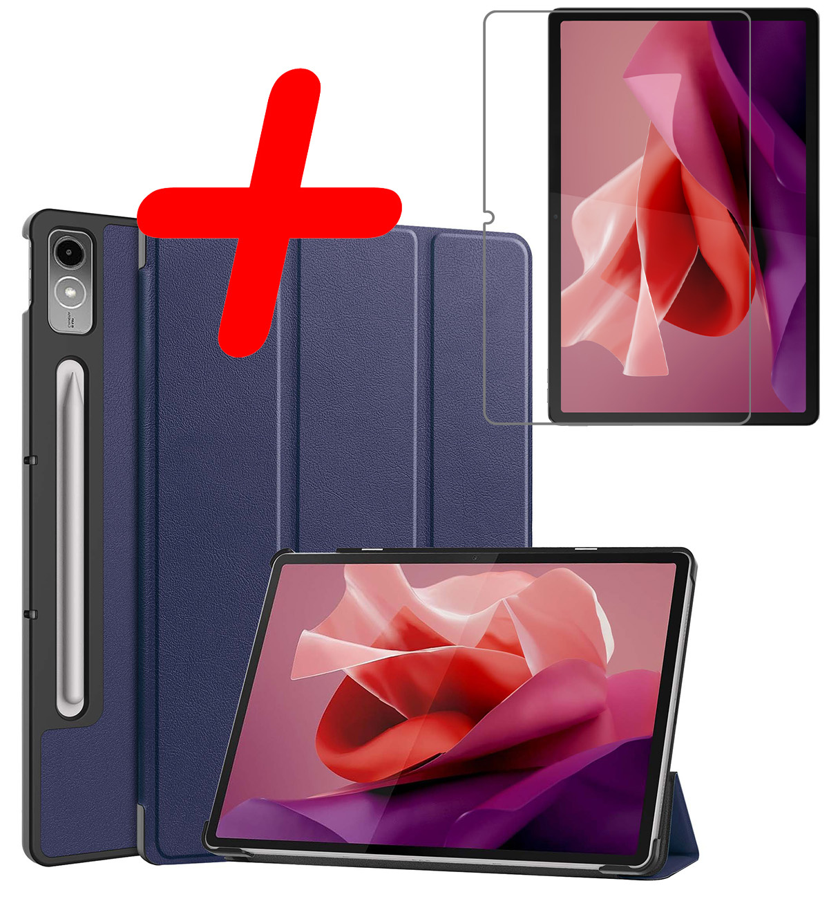 BASEY. Hoesje Geschikt voor Lenovo Tab P12 Hoes Case Tablet Hoesje Tri-fold Met Uitsparing Geschikt voor Lenovo Pen Met Screenprotector - Hoes Geschikt voor Lenovo Tab P12 Hoesje Hard Cover Bookcase Hoes - Donkerblauw