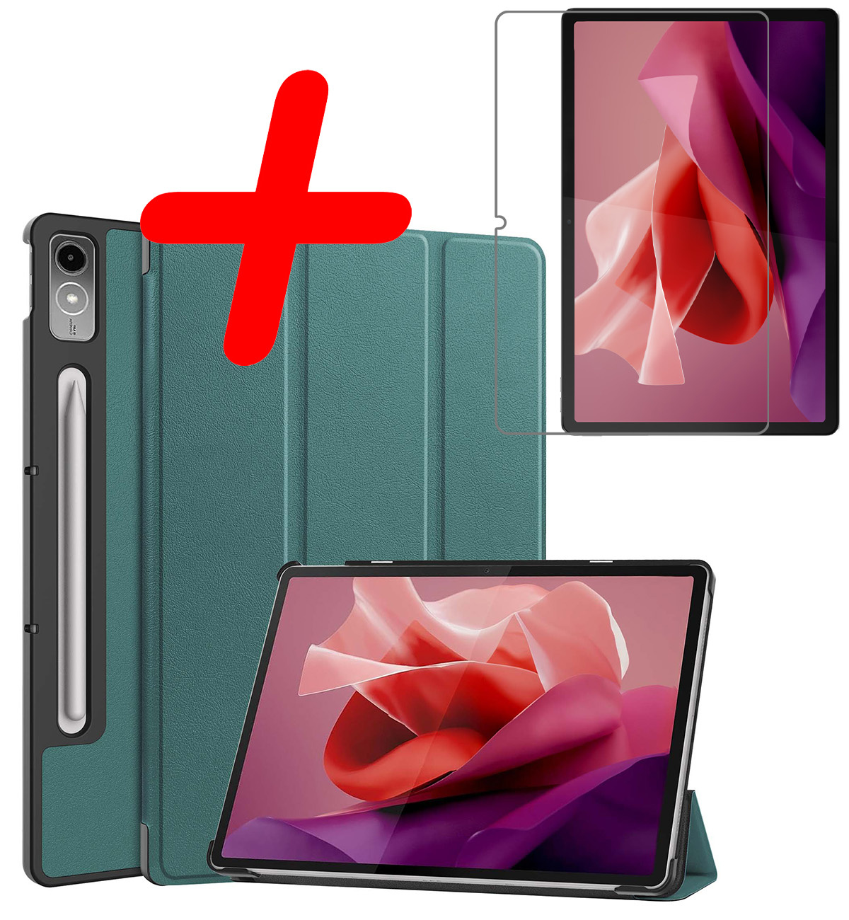 BASEY. Hoesje Geschikt voor Lenovo Tab P12 Hoes Case Tablet Hoesje Tri-fold Met Uitsparing Geschikt voor Lenovo Pen Met Screenprotector - Hoes Geschikt voor Lenovo Tab P12 Hoesje Hard Cover Bookcase Hoes - Donkergroen