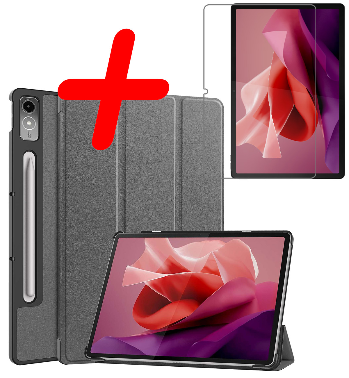 BASEY. Hoesje Geschikt voor Lenovo Tab P12 Hoes Case Tablet Hoesje Tri-fold Met Uitsparing Geschikt voor Lenovo Pen Met Screenprotector - Hoes Geschikt voor Lenovo Tab P12 Hoesje Hard Cover Bookcase Hoes - Grijs