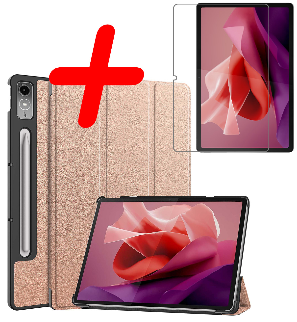 BASEY. Hoesje Geschikt voor Lenovo Tab P12 Hoes Case Tablet Hoesje Tri-fold Met Uitsparing Geschikt voor Lenovo Pen Met Screenprotector - Hoes Geschikt voor Lenovo Tab P12 Hoesje Hard Cover Bookcase Hoes - Rosé goud