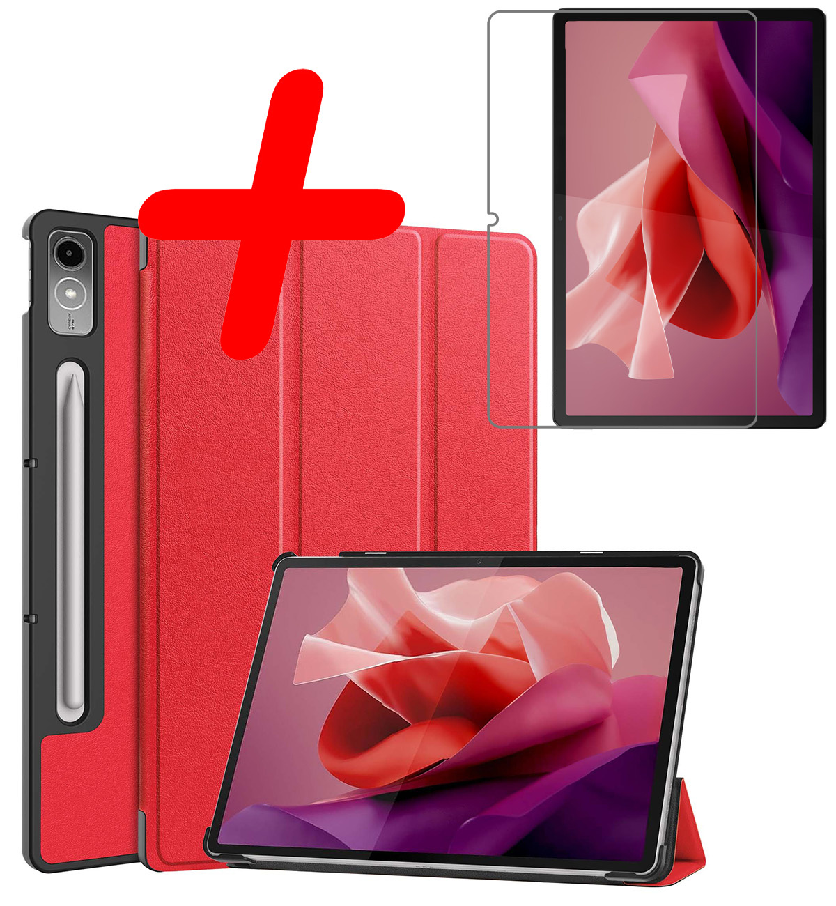 BASEY. Hoesje Geschikt voor Lenovo Tab P12 Hoes Case Tablet Hoesje Tri-fold Met Uitsparing Geschikt voor Lenovo Pen Met Screenprotector - Hoes Geschikt voor Lenovo Tab P12 Hoesje Hard Cover Bookcase Hoes - Rood