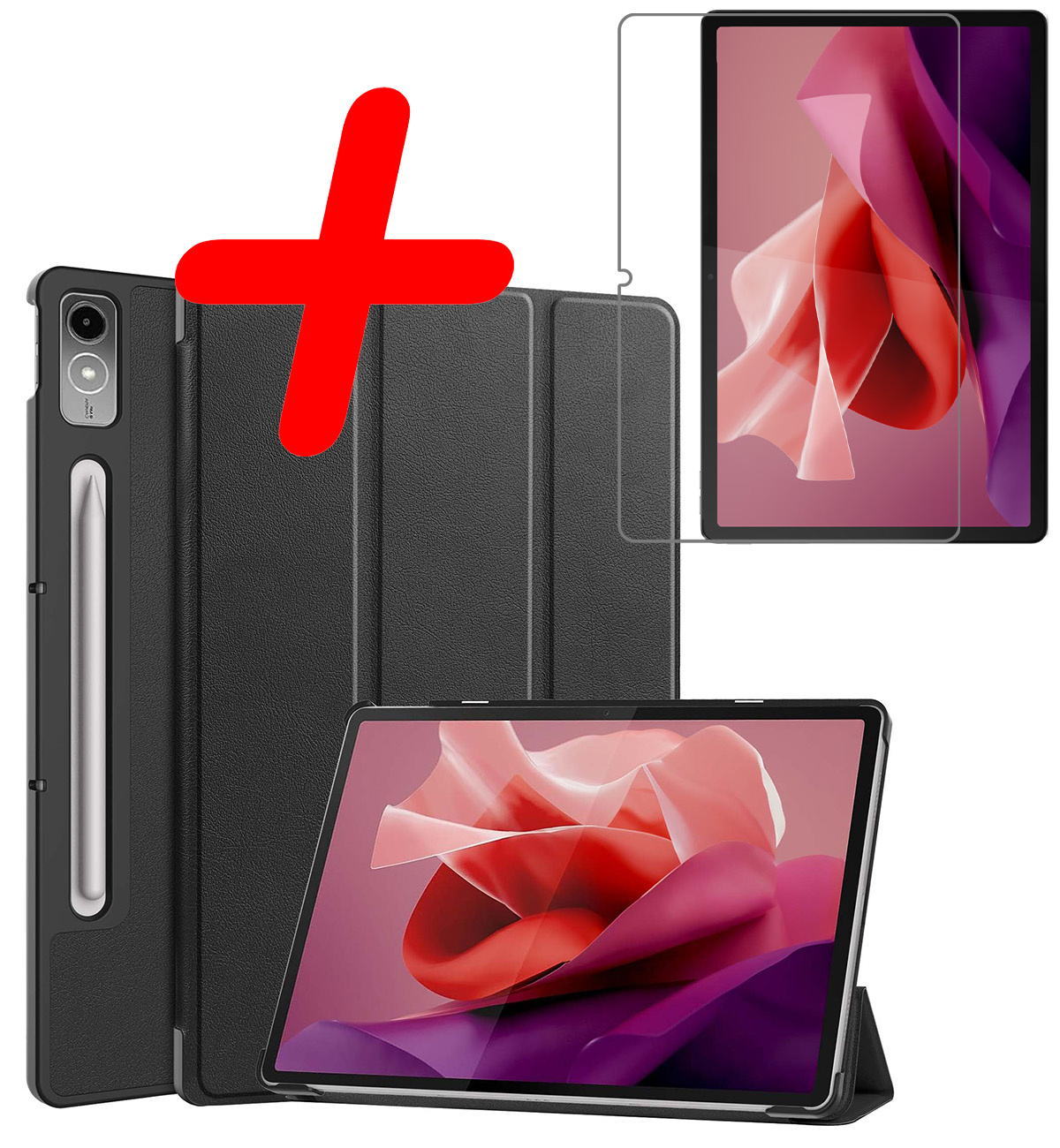BASEY. Hoesje Geschikt voor Lenovo Tab P12 Hoes Case Tablet Hoesje Tri-fold Met Uitsparing Geschikt voor Lenovo Pen Met Screenprotector - Hoes Geschikt voor Lenovo Tab P12 Hoesje Hard Cover Bookcase Hoes - Zwart