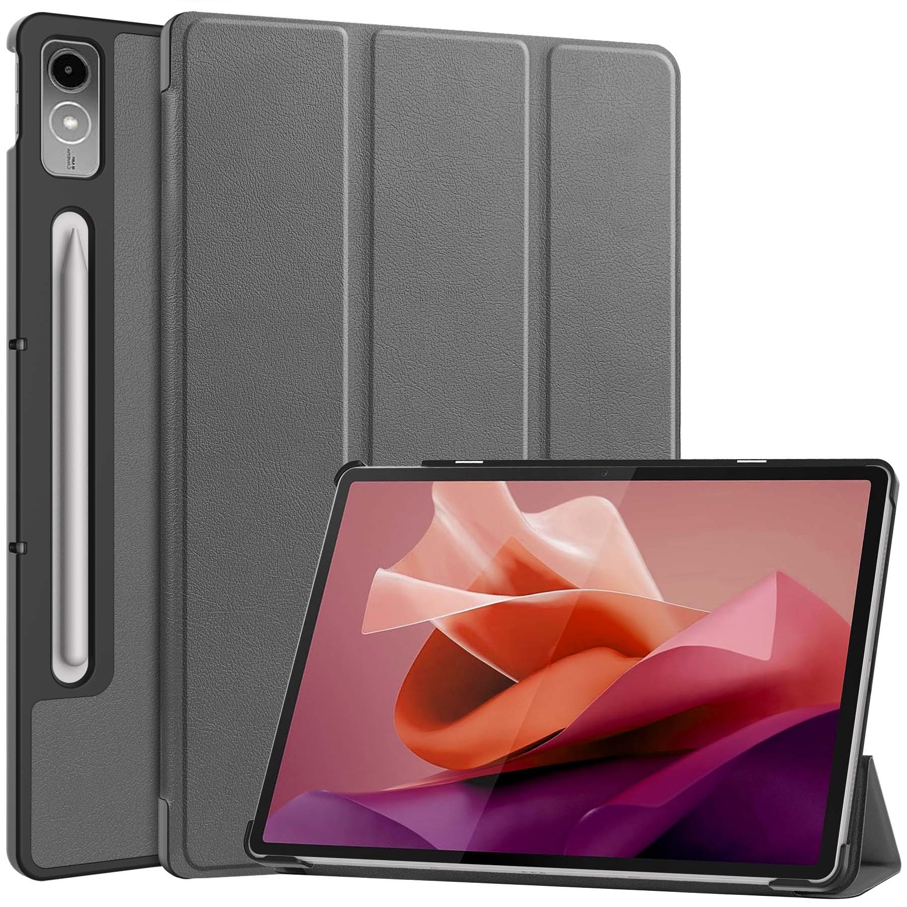 Nomfy Hoes Geschikt voor Lenovo Tab P12 Hoes Tri-fold Tablet Hoesje Case Met Uitsparing Geschikt voor Lenovo Pen Met Screenprotector - Hoesje Geschikt voor Lenovo Tab P12 Hoesje Hardcover Bookcase - Grijs