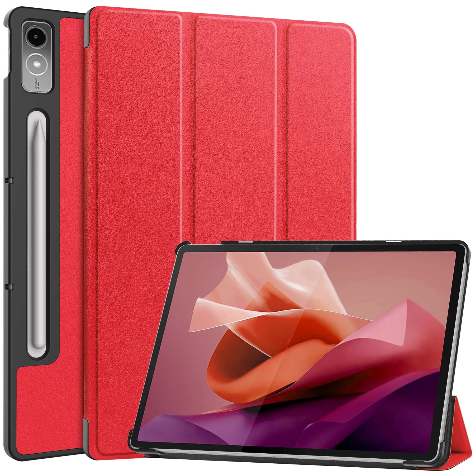 Nomfy Hoes Geschikt voor Lenovo Tab P12 Hoes Tri-fold Tablet Hoesje Case Met Uitsparing Geschikt voor Lenovo Pen Met Screenprotector - Hoesje Geschikt voor Lenovo Tab P12 Hoesje Hardcover Bookcase - Rood