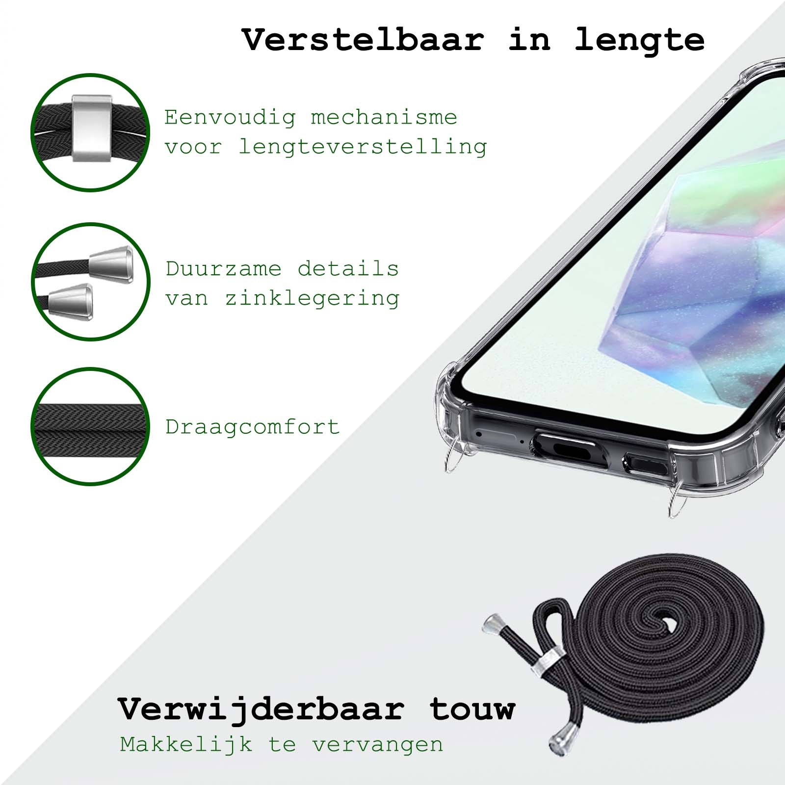 BASEY. Hoes Geschikt voor Samsung A35 Hoesje Shock Proof Case Met Koord Shock Hoes Met Koord - Hoesje Geschikt voor Samsung Galaxy A35 5G Hoes Cover Met Koord - Transparant