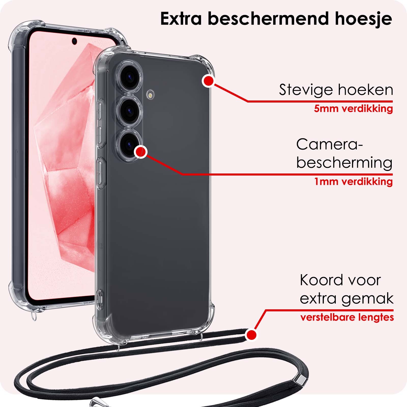NoXx Hoes Geschikt voor Samsung A35 Hoesje Transparant Met Telefoonkoord Cover Shock Proof Case Koord Hoes