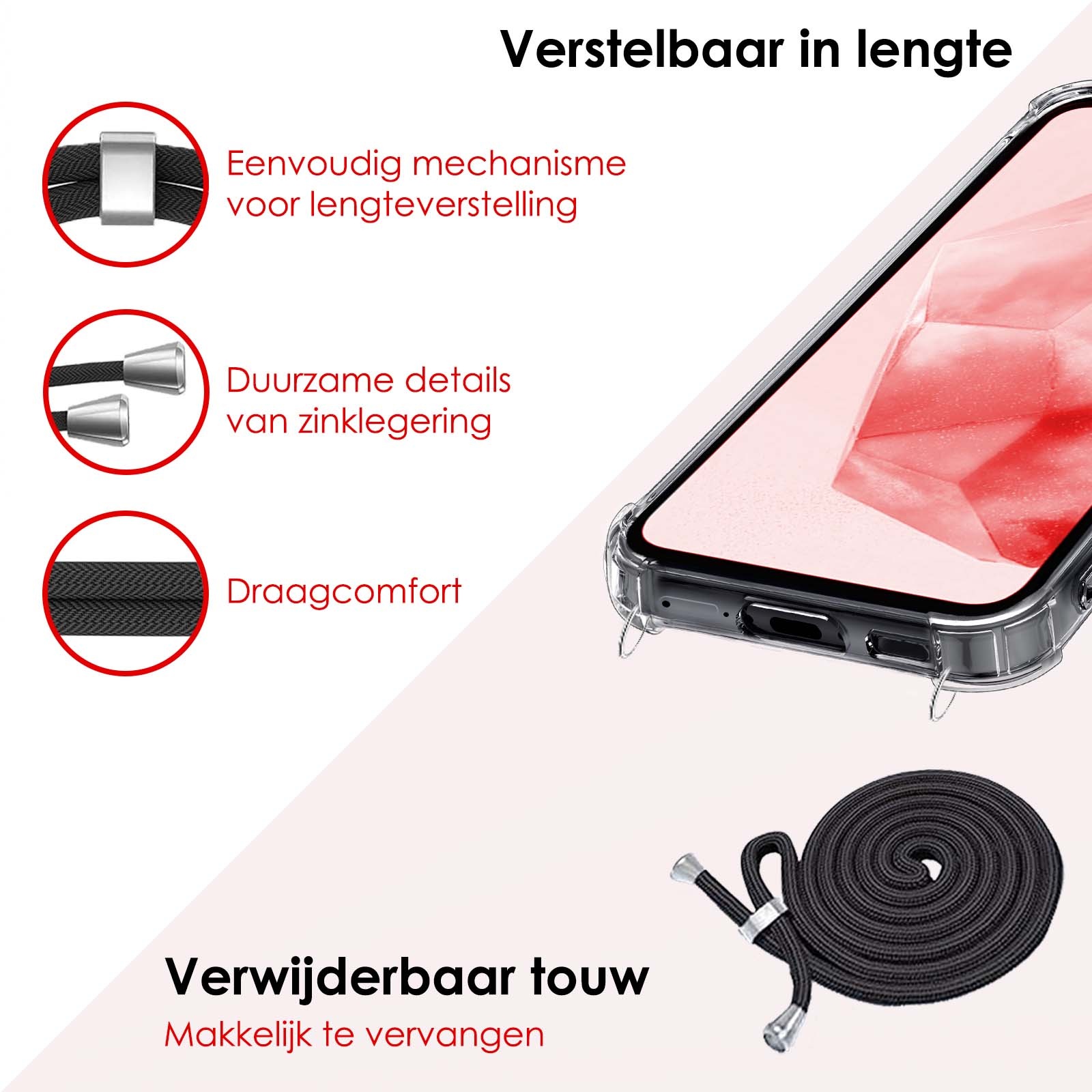 NoXx Hoes Geschikt voor Samsung A35 Hoesje Transparant Met Telefoonkoord Cover Shock Proof Case Koord Hoes