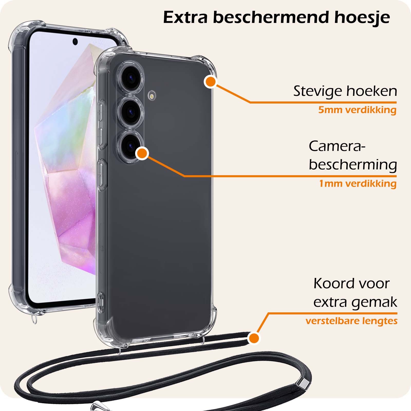 Nomfy Hoesje Geschikt voor Samsung A35 Hoesje Shock Proof Transparant Met Telefoonketting Case Shock Koord - Hoesje Geschikt voor Samsung Galaxy A35 5G Shock Proof Case Met Koord - Transparant