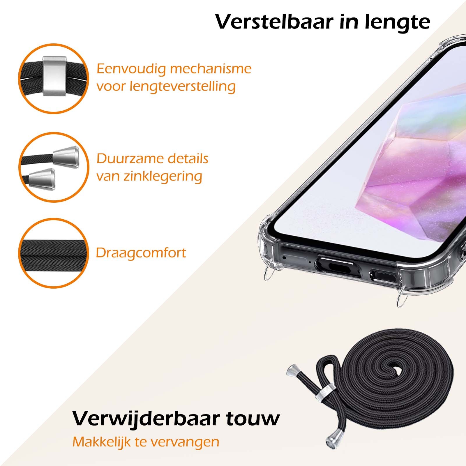 Nomfy Hoesje Geschikt voor Samsung A35 Hoesje Shock Proof Transparant Met Telefoonketting Case Shock Koord - Hoesje Geschikt voor Samsung Galaxy A35 5G Shock Proof Case Met Koord - Transparant