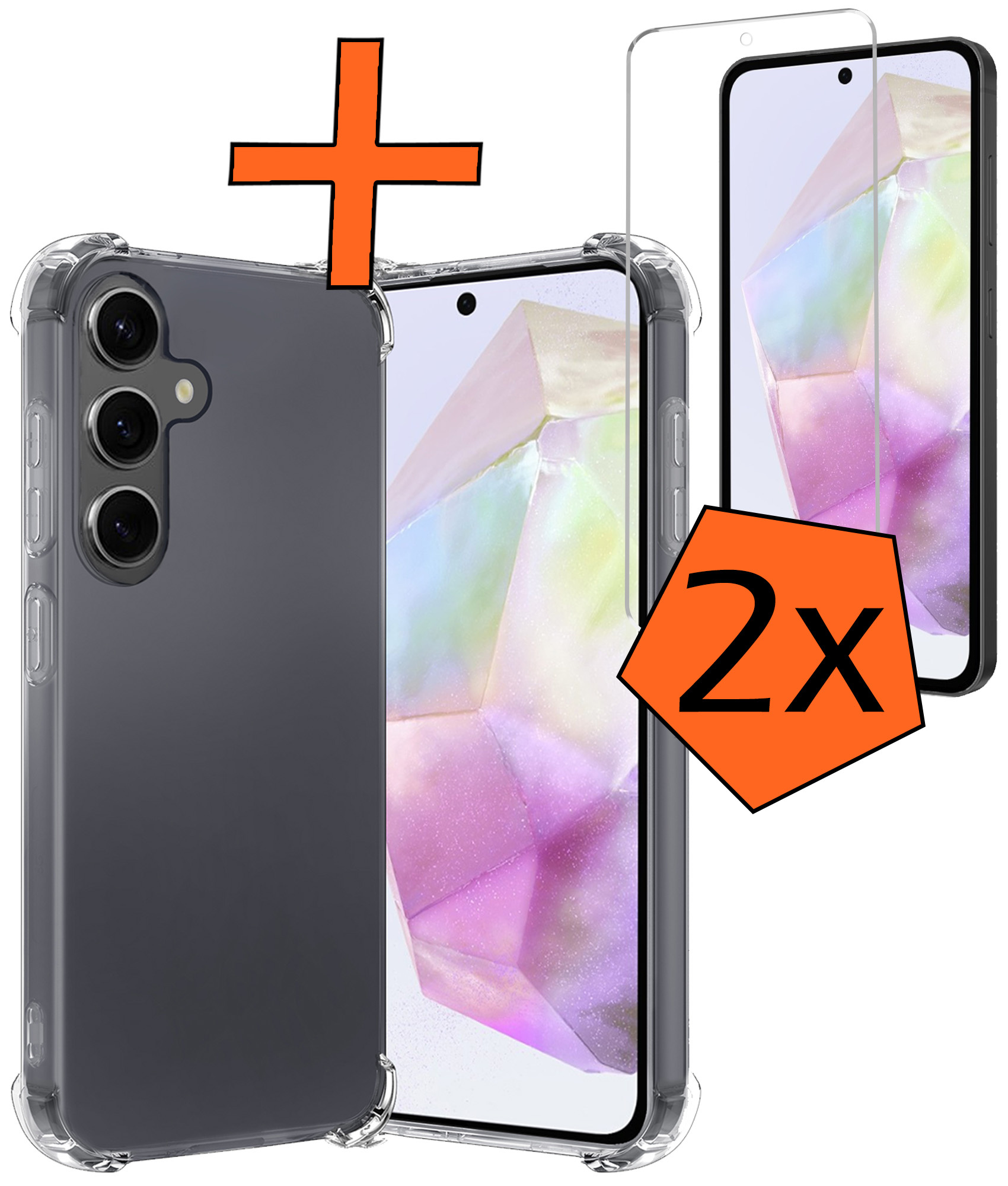 Nomfy Hoesje Geschikt voor Samsung A35 Hoesje Shock Proof Cover Case Shockproof Met 2x Screenprotector - Hoes Geschikt voor Samsung Galaxy A35 5G Hoes Siliconen Back Case - Transparant