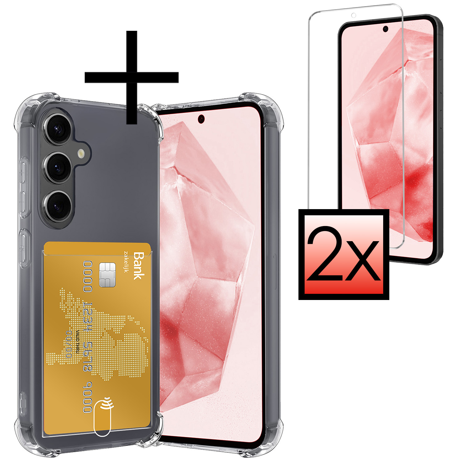NoXx Hoes Geschikt voor Samsung A35 Hoesje Pasjeshouder Cover Shock Proof Case Siliconen Hoes Met Kaarthouder Met 2x Screenprotector - Transparant