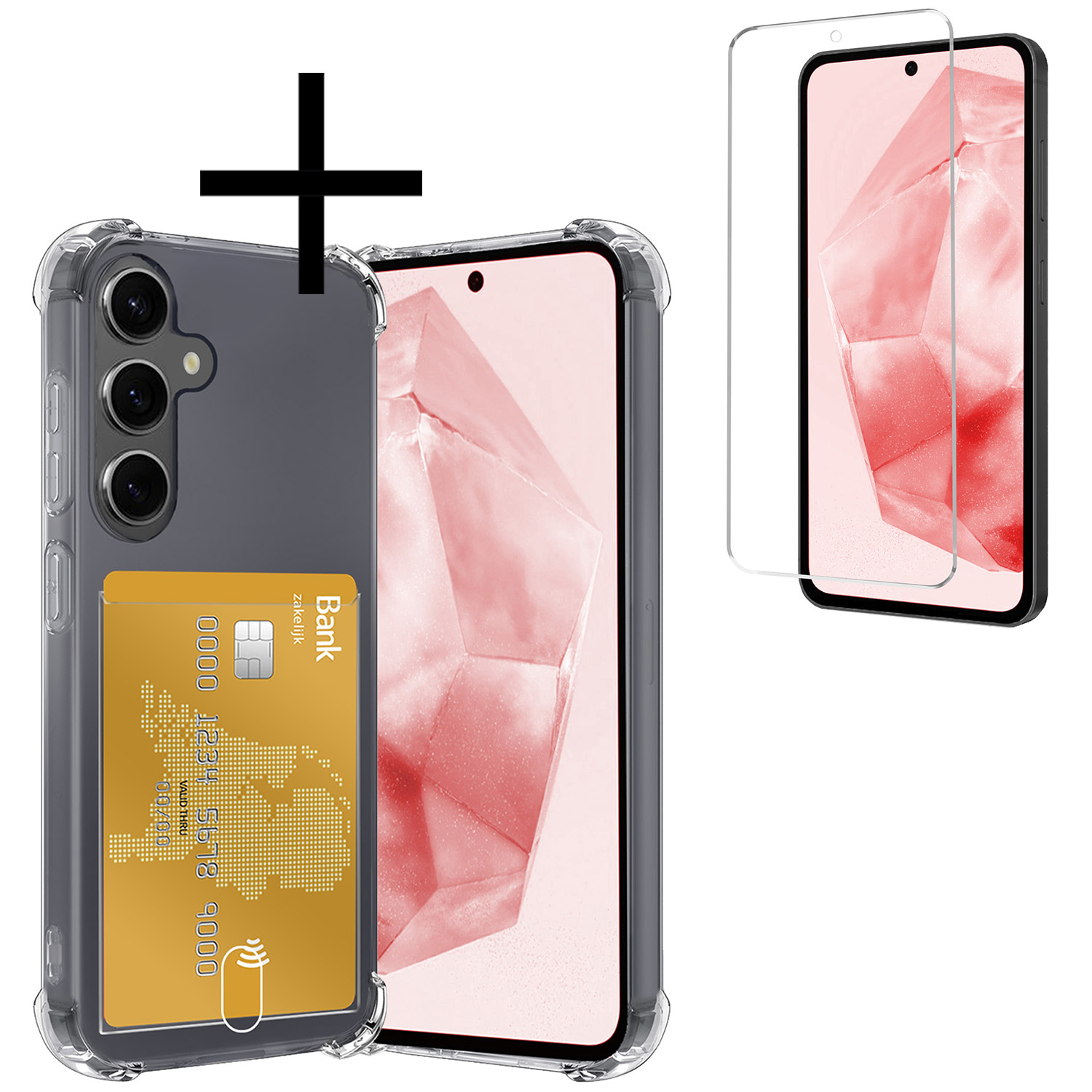 NoXx Hoes Geschikt voor Samsung A35 Hoesje Pasjeshouder Cover Shock Proof Case Siliconen Hoes Met Kaarthouder Met Screenprotector - Transparant