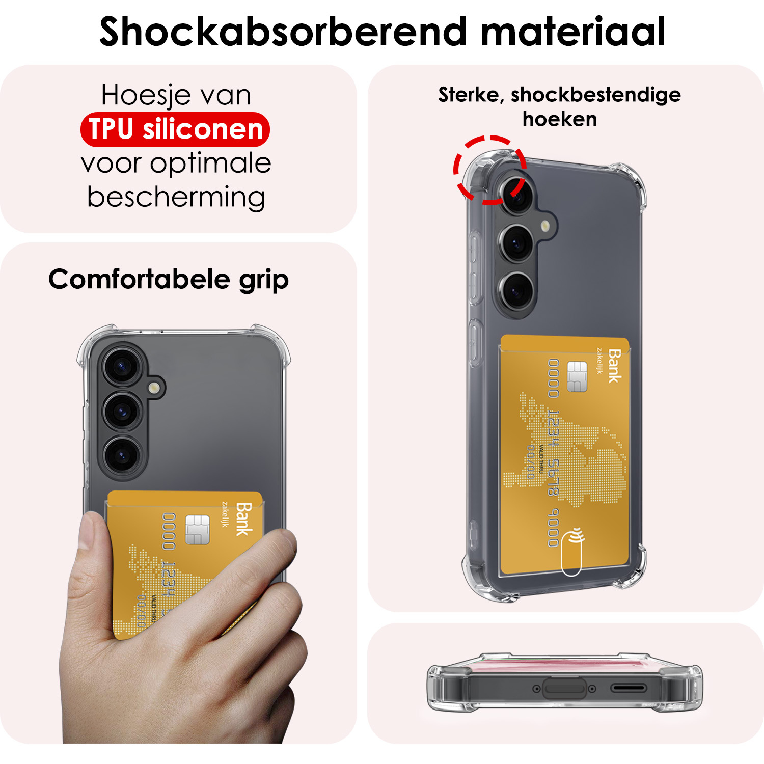 NoXx Hoes Geschikt voor Samsung A35 Hoesje Pasjeshouder Cover Shock Proof Case Siliconen Hoes Met Kaarthouder Met Screenprotector - Transparant