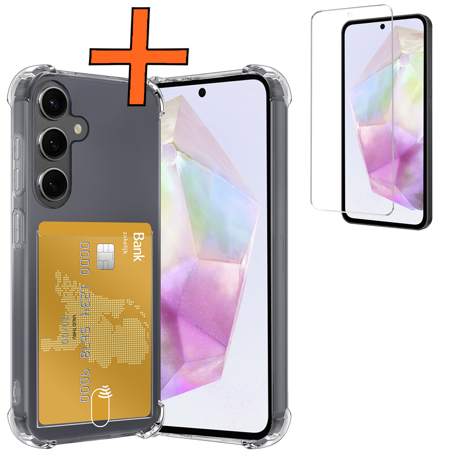 Nomfy Hoesje Geschikt voor Samsung A35 Hoesje Pasjeshouder Shockproof Pas Houder Met Screenprotector - Hoesje Geschikt voor Samsung Galaxy A35 5G Hoes Met Kaarthouder - Transparant