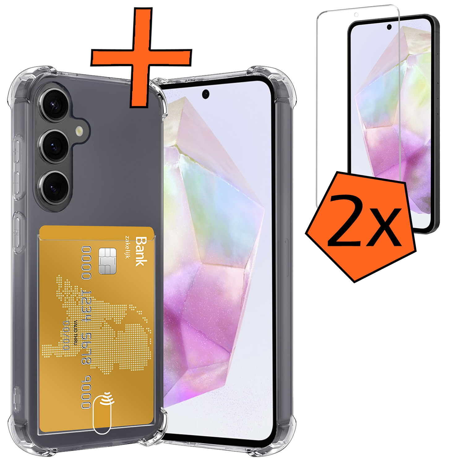 Nomfy Hoesje Geschikt voor Samsung A35 Hoesje Pasjeshouder Shockproof Pas Houder Met 2x Screenprotector - Hoesje Geschikt voor Samsung Galaxy A35 5G Hoes Met Kaarthouder - Transparant