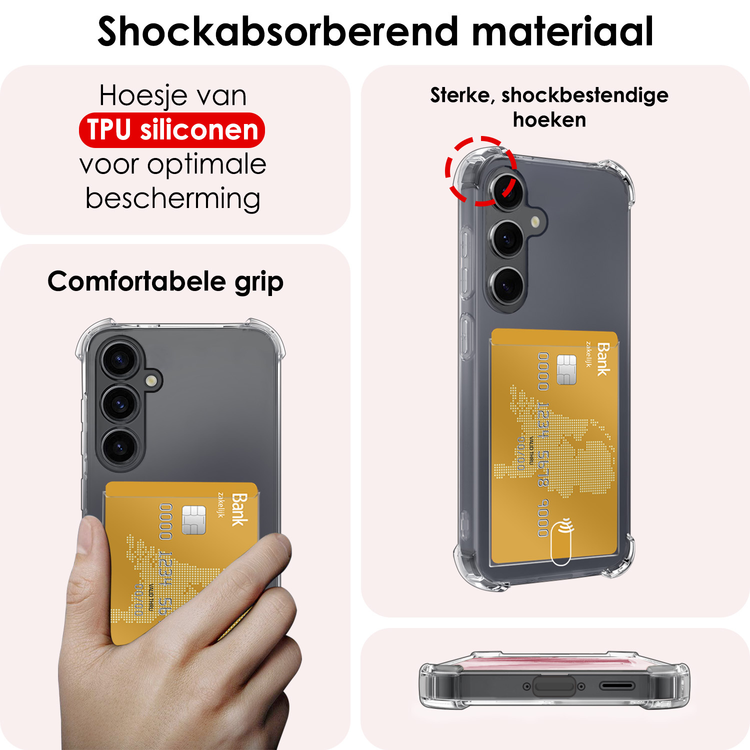 NoXx Hoes Geschikt voor Samsung A55 Hoesje Pasjeshouder Cover Shock Proof Case Siliconen Hoes Met Kaarthouder - Transparant - 2x
