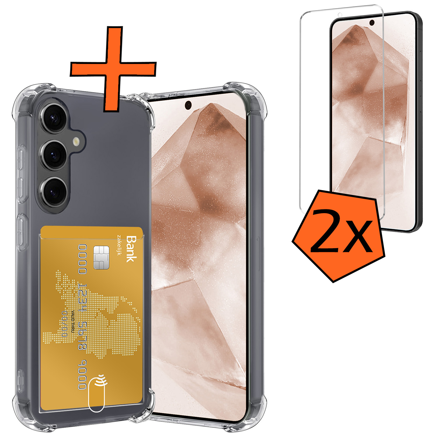 Nomfy Hoesje Geschikt voor Samsung A55 Hoesje Pasjeshouder Shockproof Pas Houder Met 2x Screenprotector - Hoesje Geschikt voor Samsung Galaxy A55 Hoes Met Kaarthouder - Transparant