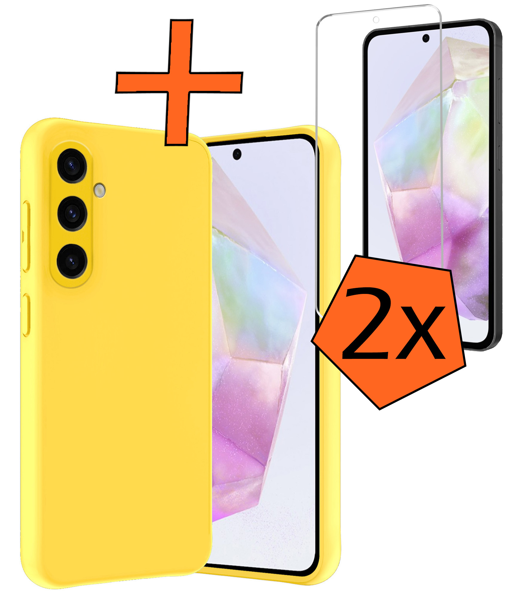 Nomfy Hoesje Geschikt voor Samsung A35 Hoesje Siliconen Cover Case Met 2x Screenprotector - Hoes Geschikt voor Samsung Galaxy A35 5G Hoes Back Case - Geel