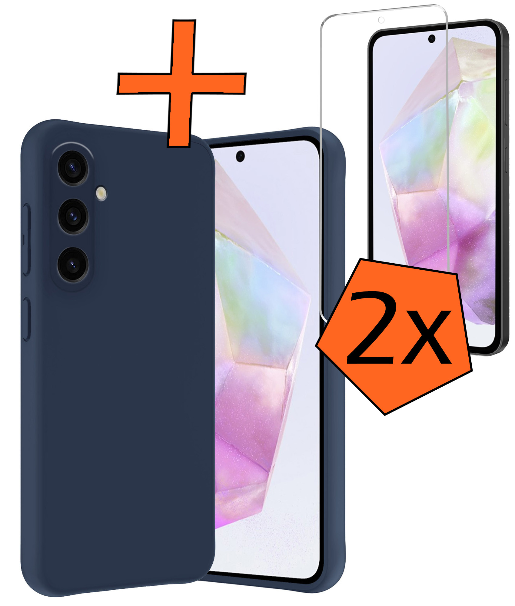 Nomfy Hoesje Geschikt voor Samsung A35 Hoesje Siliconen Cover Case Met 2x Screenprotector - Hoes Geschikt voor Samsung Galaxy A35 5G Hoes Back Case - Donkerblauw