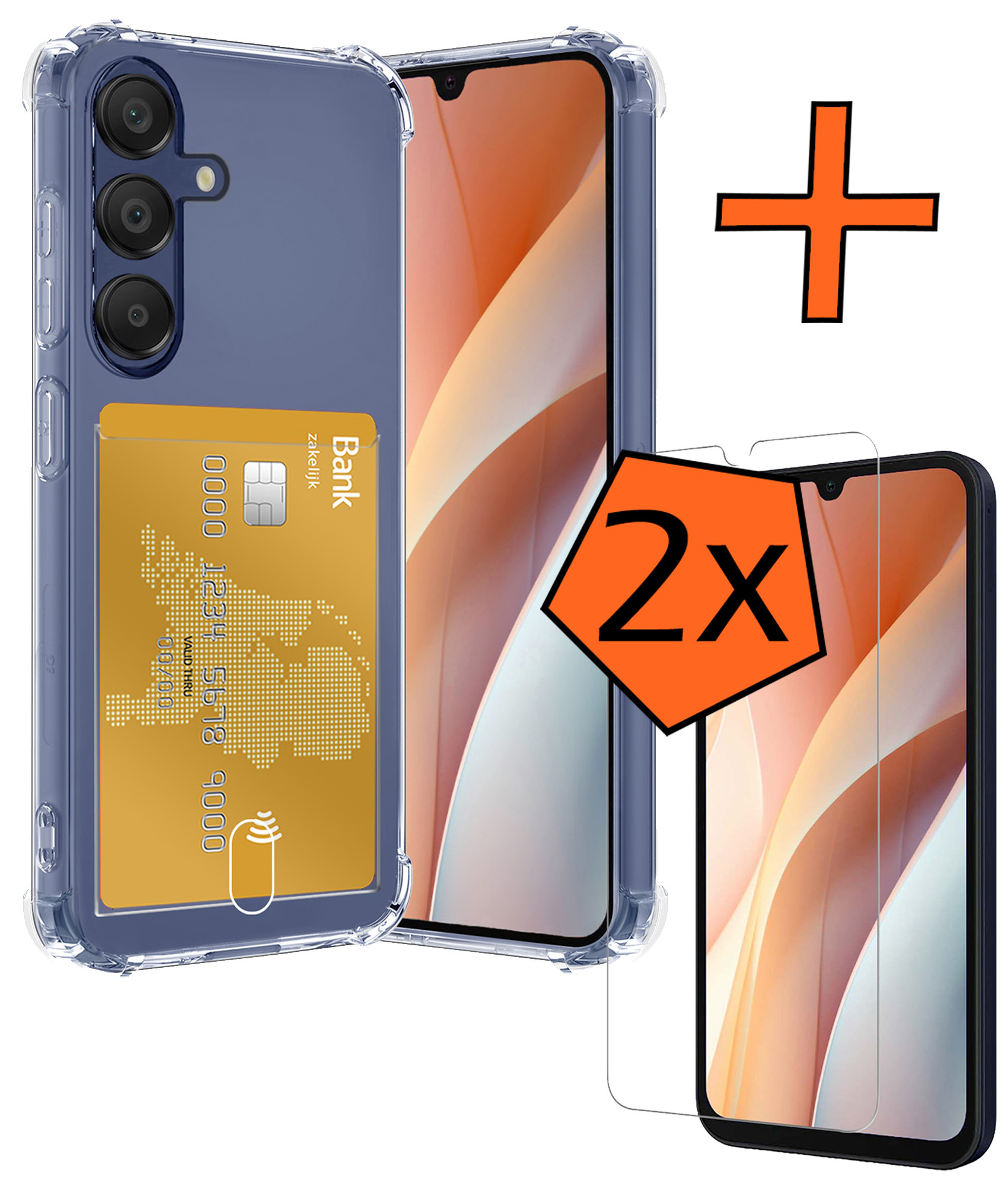 Nomfy Hoesje Geschikt voor Samsung A15 Hoesje Pasjeshouder Shockproof Pas Houder Met 2x Screenprotector - Hoesje Geschikt voor Samsung Galaxy A15 Hoes Met Kaarthouder - Transparant