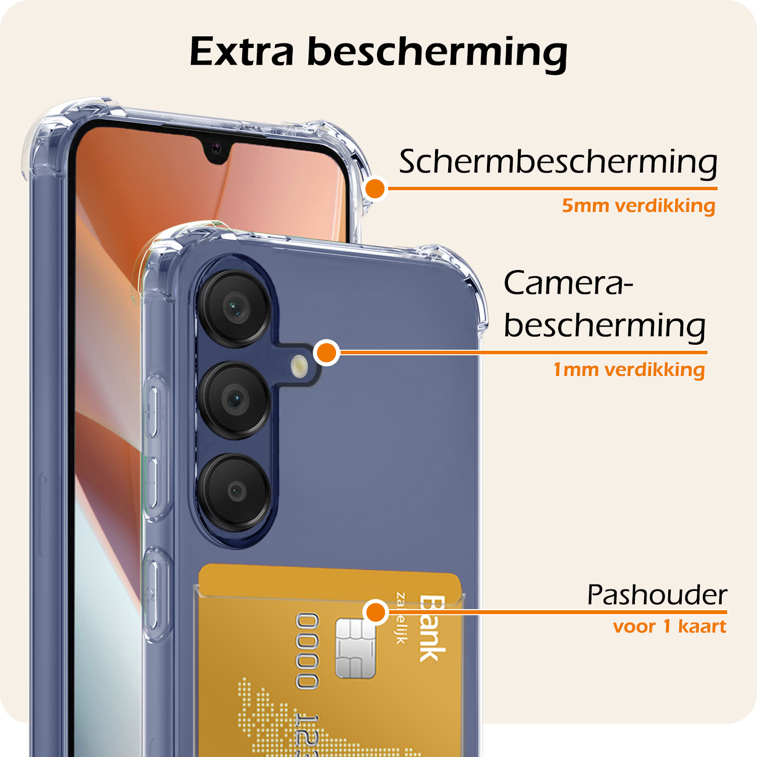 Nomfy Hoesje Geschikt voor Samsung A15 Hoesje Pasjeshouder Shockproof Pas Houder Met 2x Screenprotector - Hoesje Geschikt voor Samsung Galaxy A15 Hoes Met Kaarthouder - Transparant