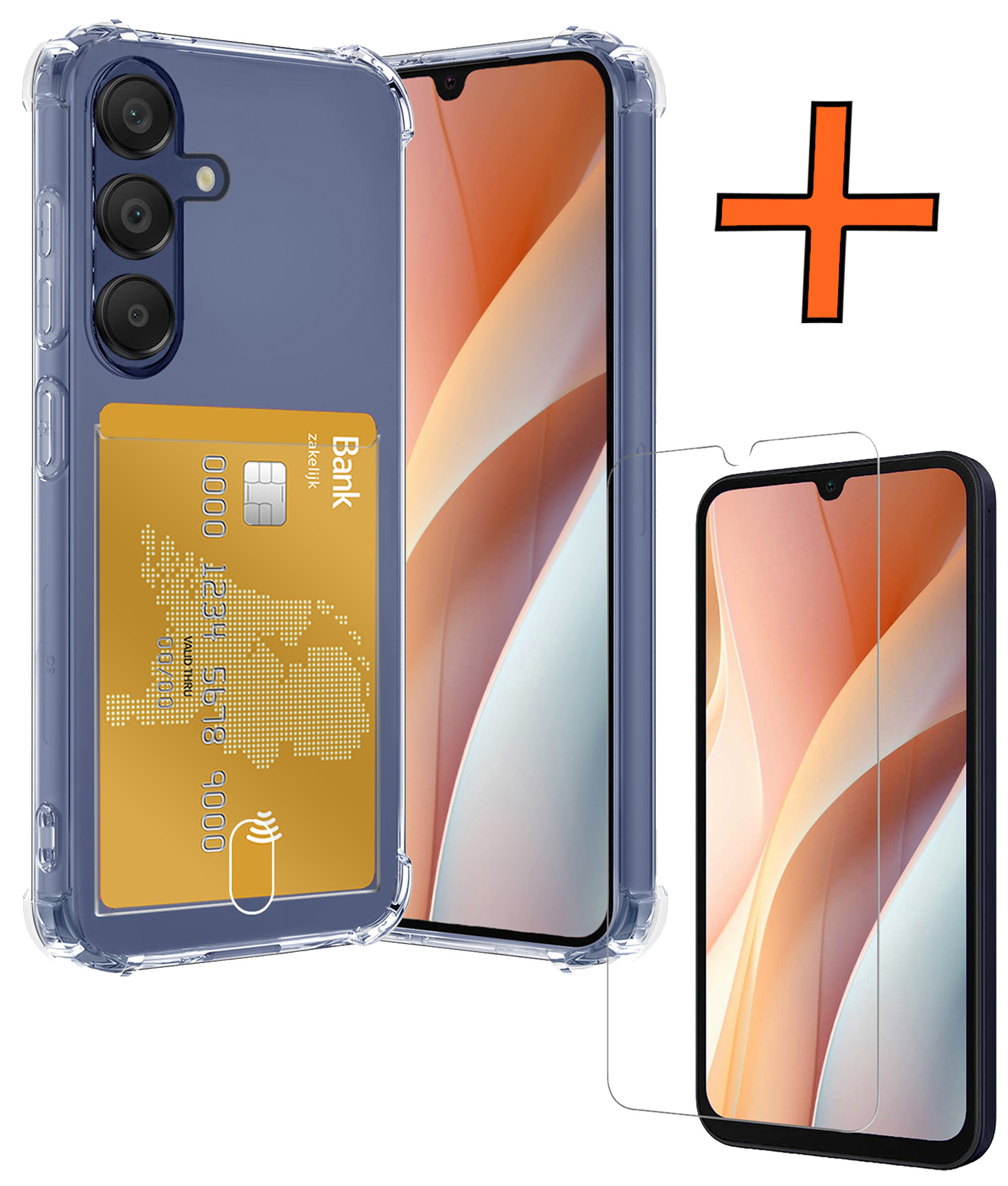 Nomfy Hoesje Geschikt voor Samsung A15 Hoesje Pasjeshouder Shockproof Pas Houder Met Screenprotector - Hoesje Geschikt voor Samsung Galaxy A15 Hoes Met Kaarthouder - Transparant