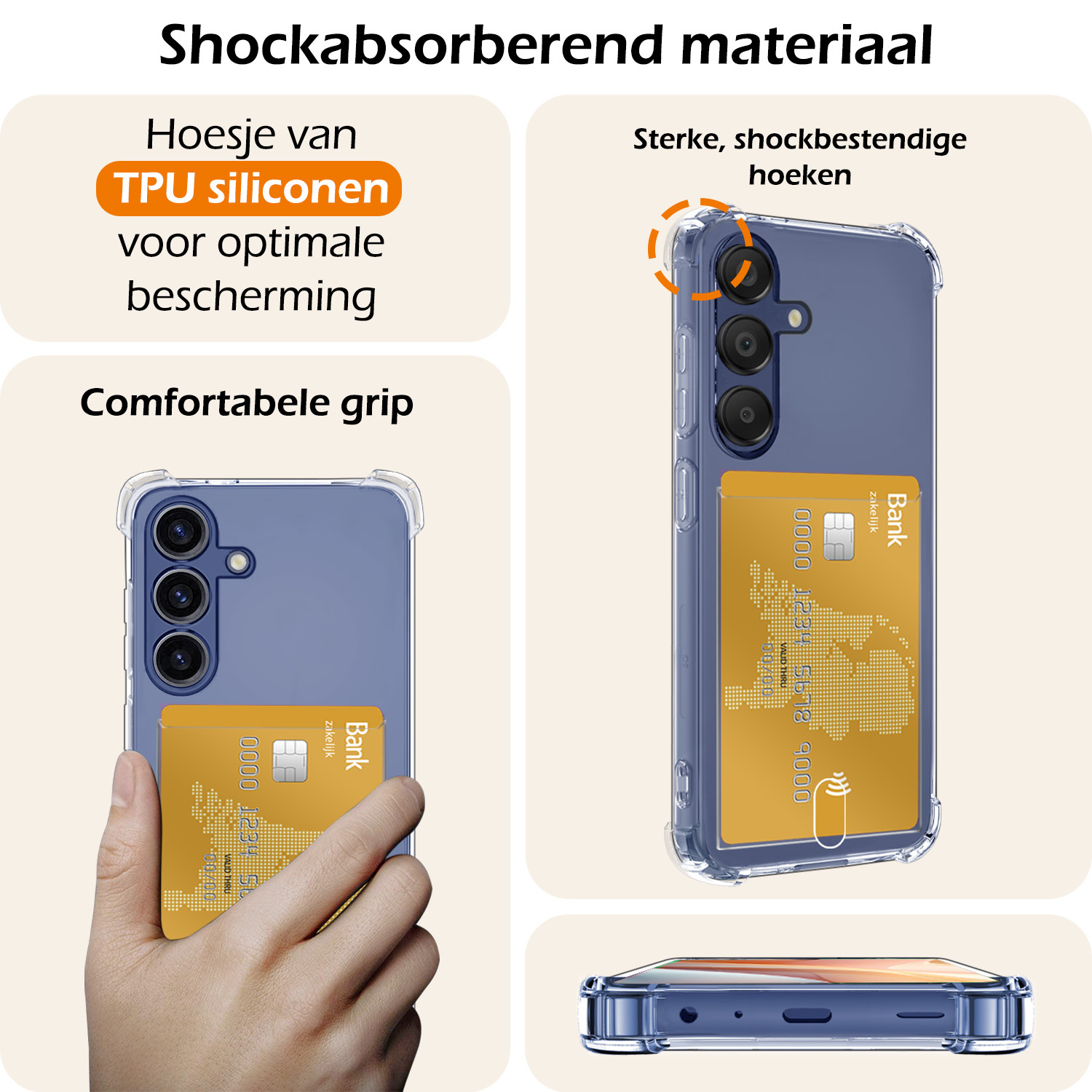 Nomfy Hoesje Geschikt voor Samsung A15 Hoesje Pasjeshouder Shockproof Pas Houder Met Screenprotector - Hoesje Geschikt voor Samsung Galaxy A15 Hoes Met Kaarthouder - Transparant