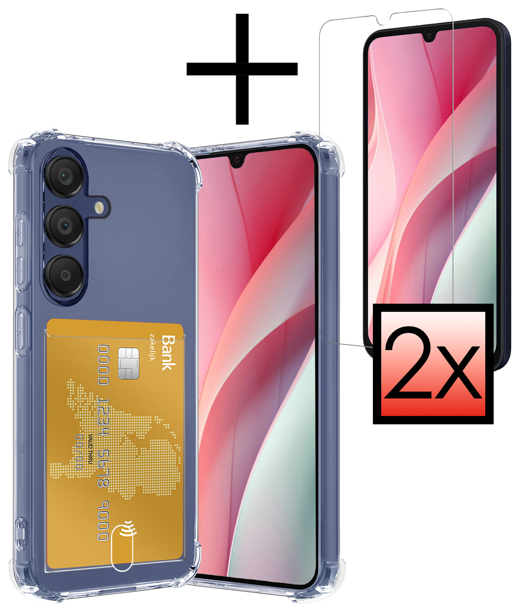 NoXx Hoes Geschikt voor Samsung A15 Hoesje Pasjeshouder Cover Shock Proof Case Siliconen Hoes Met Kaarthouder Met 2x Screenprotector - Transparant