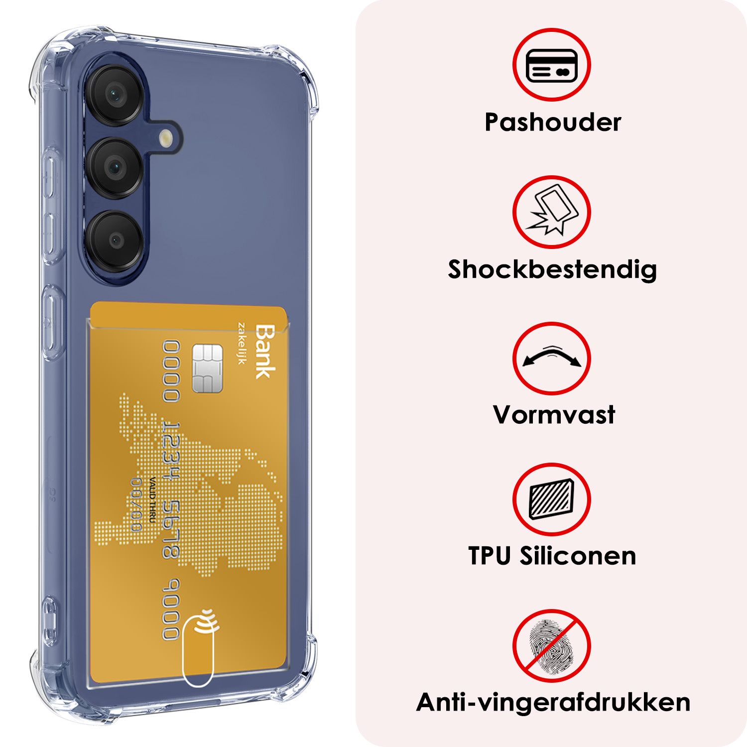 NoXx Hoes Geschikt voor Samsung A15 Hoesje Pasjeshouder Cover Shock Proof Case Siliconen Hoes Met Kaarthouder Met 2x Screenprotector - Transparant