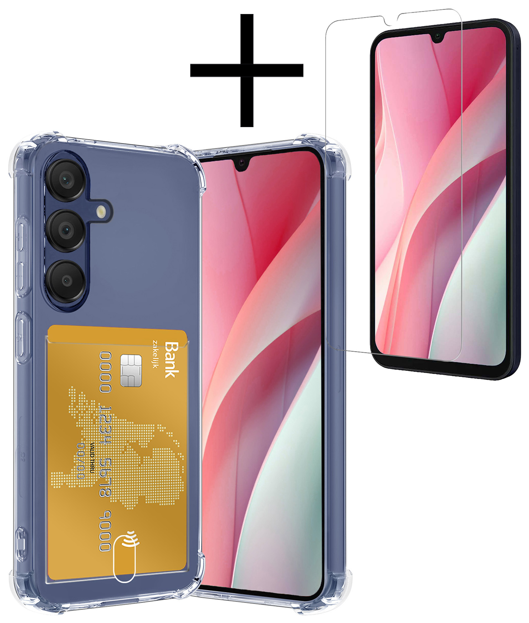 NoXx Hoes Geschikt voor Samsung A15 Hoesje Pasjeshouder Cover Shock Proof Case Siliconen Hoes Met Kaarthouder Met Screenprotector - Transparant