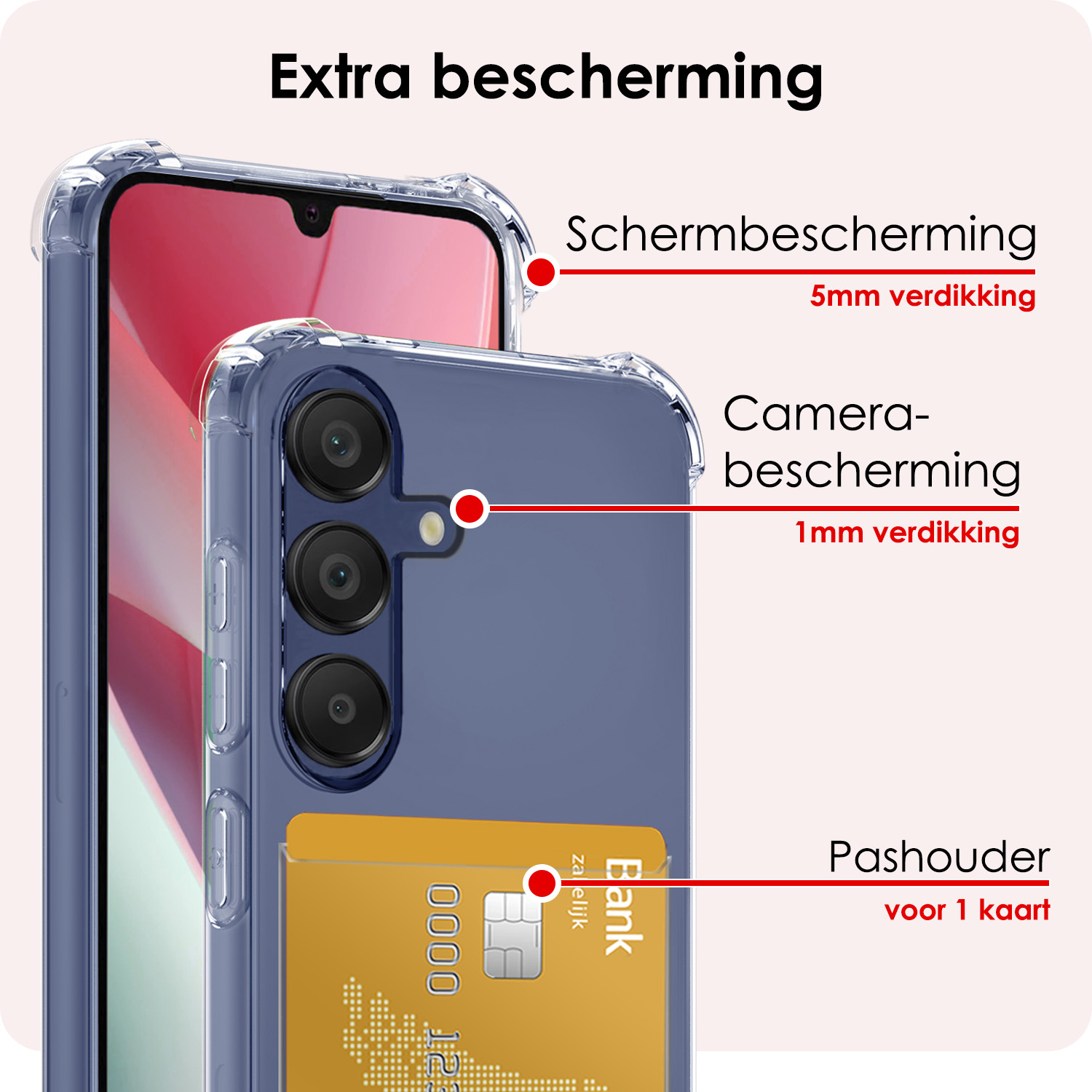 NoXx Hoes Geschikt voor Samsung A15 Hoesje Pasjeshouder Cover Shock Proof Case Siliconen Hoes Met Kaarthouder Met Screenprotector - Transparant