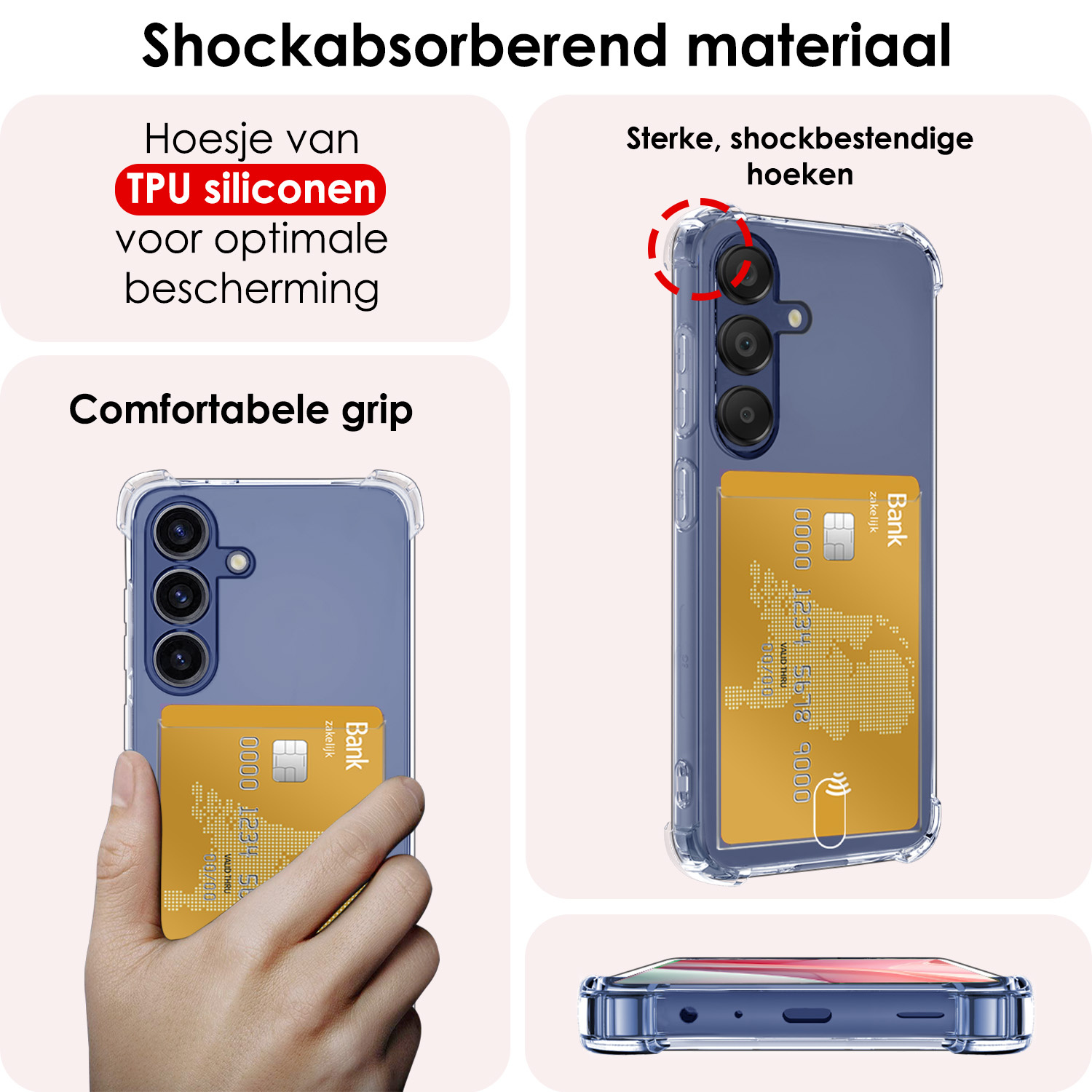 NoXx Hoes Geschikt voor Samsung A15 Hoesje Pasjeshouder Cover Shock Proof Case Siliconen Hoes Met Kaarthouder Met Screenprotector - Transparant