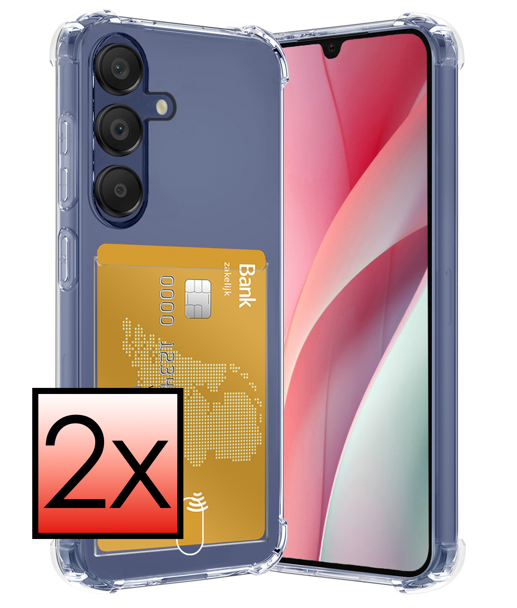 NoXx Hoes Geschikt voor Samsung A15 Hoesje Pasjeshouder Cover Shock Proof Case Siliconen Hoes Met Kaarthouder - Transparant - 2x