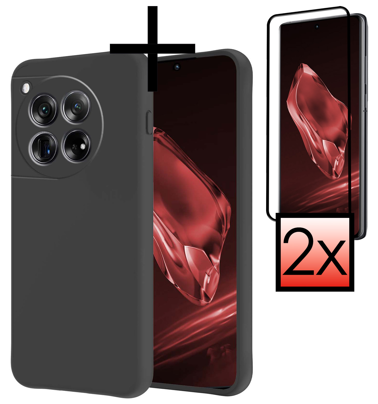 NoXx Hoes Geschikt voor OnePlus 12 Hoesje Cover Siliconen Back Case Hoes Met 2x Screenprotector - Zwart